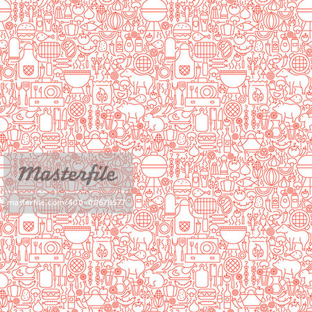 Line BBQ White Seamless Pattern. Vector Illustration of Outline Tile Background. Grill Menu.