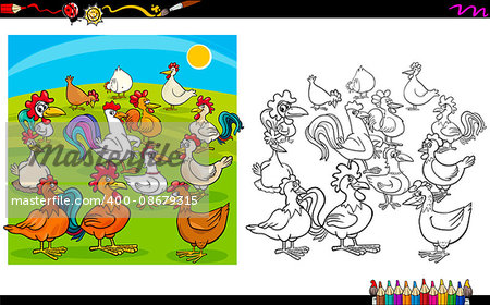 Cartoon Illustration of Chicken Characters Coloring Book Activity