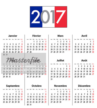 French Calendar grid for 2017 year. Flag colors under 2017 digits. Best for calendar print, business, web design, office needs and presentations. Mondays first. Vector illustration