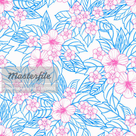 Summer colorful hawaiian seamless pattern with tropical plants and hibiscus flowers, vector illustration