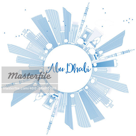 Outline Abu Dhabi City Skyline with Blue Buildings and Copy Space. Vector Illustration. Business Travel and Tourism Concept with Modern Buildings. Image for Presentation Banner Placard and Web Site.