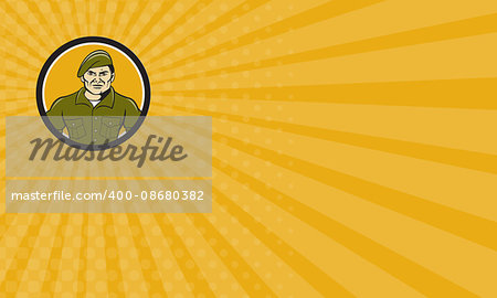 Business card showing illustration of a service ranger standing in full attention viewed from front set inside circle on isolated background done in cartoon style.