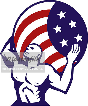 Illustration of Atlas looking up carrying on his back globe world earth draped with usa american stars and stripes flag viewed from front set on isolated white background done in retro style.