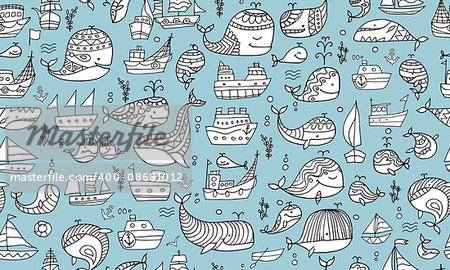 Whales and ships, seamless pattern for your design. Vector illustration