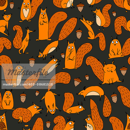 Funny squirrel with nut, seamless pattern. Vector illustration