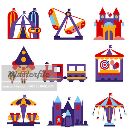 Set of vector colourful flat design amusement park and merry-go-round icons
