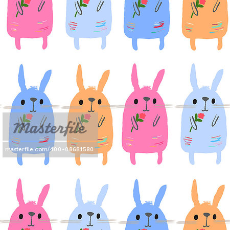 Seamless pattern with funny cartoon Bunnies on a white background. Hand-drawn illustration. Vector.