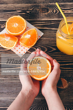 Orange, Orange Lobule, Jar of Juice on the Wooden Table. Healthy Lifestyle Concept