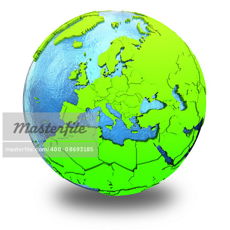 Europe on elegant green 3D model of planet Earth with realistic watery blue ocean and green continents with visible country borders. 3D illustration isolated on white background with shadow.