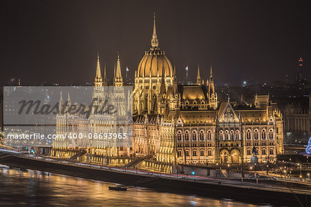 Illuminated Hungarian Parliament Building in Budapest, Hungary at Night