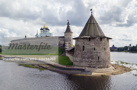 view of Krom or Kremlin in Pskov from Pskova river, Russia