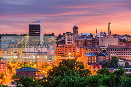 Lynchburg, Virginia, USA downtown city skyline at dusk.