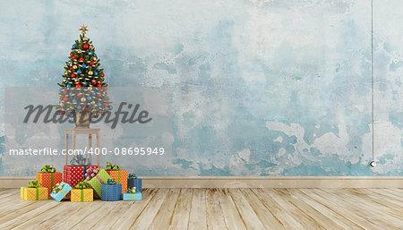 Vintage interior with colorful present and christmas tree - 3d rendering