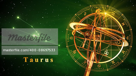 Armillary Sphere And Constellation Taurus Over Green Background. 3D Illustration.