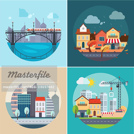 City and town buildings and landscapes icons, flat design vector illustration