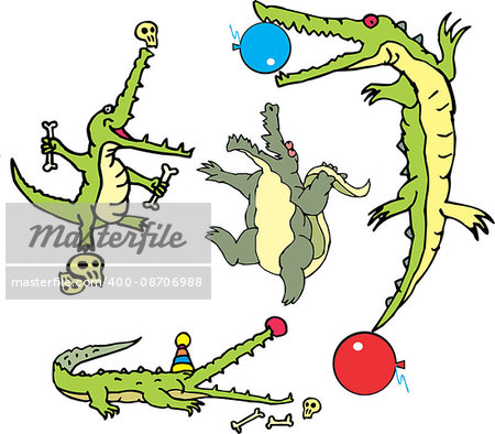 Set of comic gators as curcus actors (crococircus). Vector illustrations.