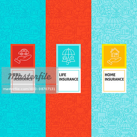 Line Insurance Patterns Set. Vector Illustration of Logo Design. Template for Packaging with Labels.