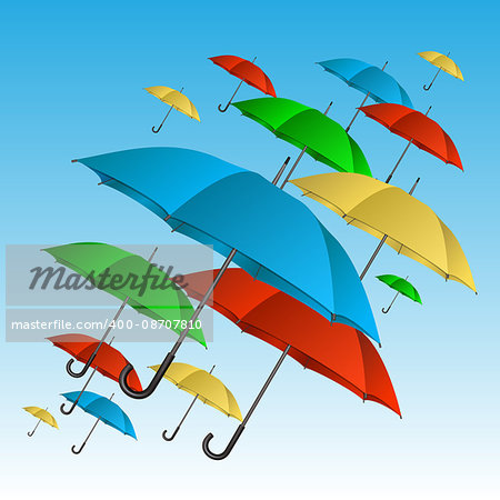 Colorful umbrellas flying high in blue sky. Vector illustration
