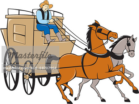 Illustration of a stagecoach driver riding a carriage driving two horses on isolated white background done in cartoon style.