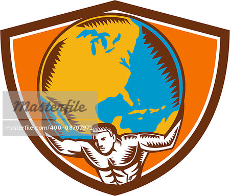 Illustration of Atlas carrying lifting globe world earth on his back set inside shield crest on isolated background done in retro woodcut style.
