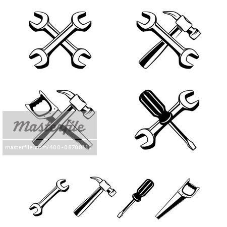 Collection of different silhouette tools to combine setting icon. Repairer set, wrench screwdriver saw hammer