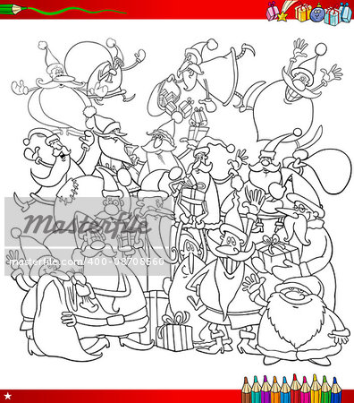 Black and White Cartoon Illustration of Santa Claus Characters Big Group on Christmas Time Coloring Book