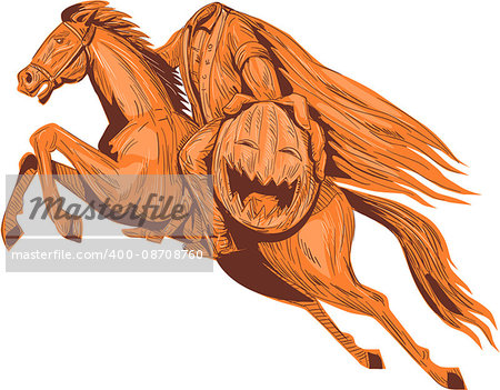 Drawing sketch style illustration of the headless horseman or galloping Hessian of sleepy hollow riding a horse and holding out his pumpkin head viewed from the side set on isolated white background.