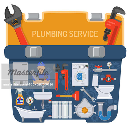 Plumbing Service Concept with Plumber Tools and Toolbox Icons. Isolated vector illustration.