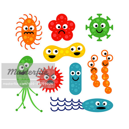 Set of cute funny bacterias, germs in flat cartoon style isolated on white background. Good and bad microbes. Art vector illustration.