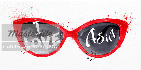 Poster red glasses lettering I love asia drawing with drops and splash on watercolor paper background