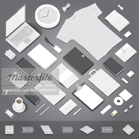 Corporate identity stationery objects mock-up template. Isometric style.