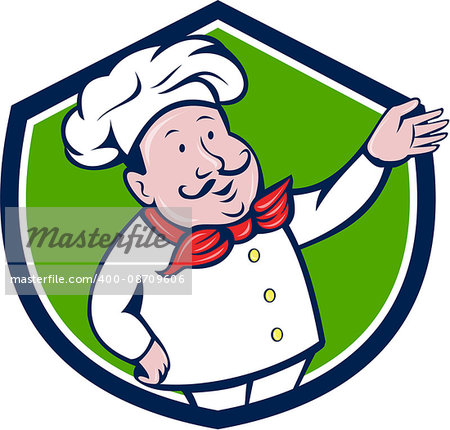 Illustration of a french chef cook baker with moustache wearing hat and bandana on neck with arm out welcoming greeting viewed from front set inside shield crest on isolated background done in cartoon style.