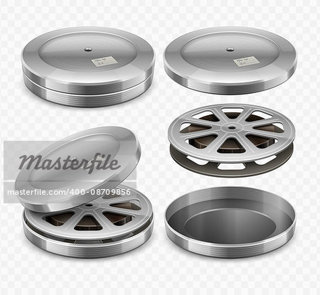 Set of cinema boxes with cinematography film tape for movie theater vector illustration on transparent background, eps10