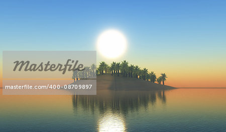 3D render of a palm tree island at sunset