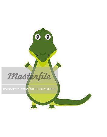 Crocodile illustration as a funny character. Wild and dangerous aquatic reptile with long tail. Small cartoon creature, isolated object in flat design on white background.