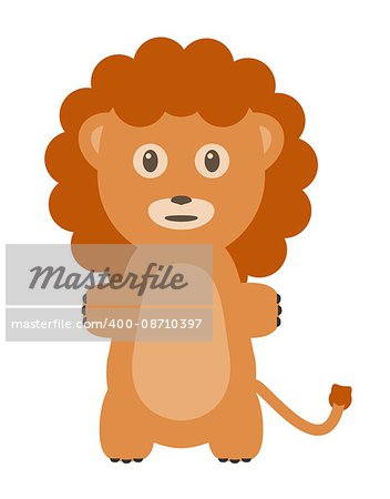 Lion illustration as a funny animal character. Wild and dangerous mammal. Small cartoon creature, isolated object in flat design on white background.