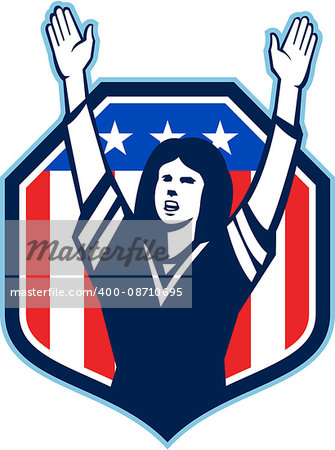 Illustration of a female american football fan with hands raised up viewed from front set inside shield crest with american usa stars and stripes flag in the background done in retro style.