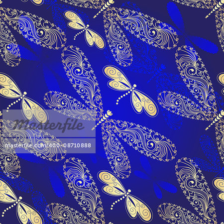 Dark blue gradient seamless pattern with floral lacy and golden dragonflies (vector)