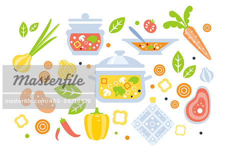 Soup Preparation Set Of Ingredients Illustration. Flat Primitive Graphic Style Collection Of Cooking Items And Vegetables On White Background.