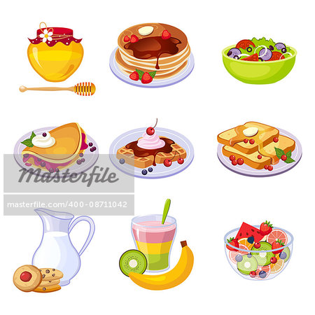 Different Breakfast Dishes Assortment Set Of Isolated Icons. Simple Realistic Flat Vector Colorful Drawings On White Background.