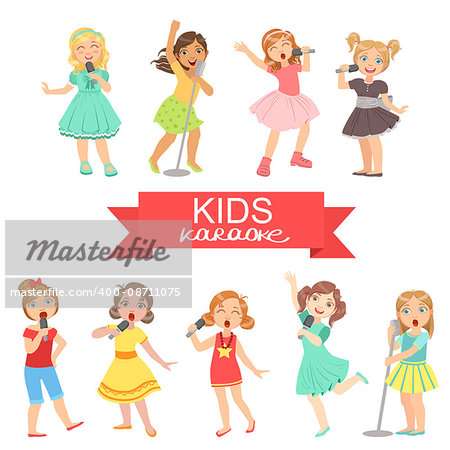 Young Girls Singing In Karaoke Bright Color Cartoon Simple Style Flat Vector Set Of Stickers Isolated On White Background