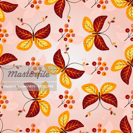 Gradient autumn seamless pattern with vivid colorful butterflies and berries, vector
