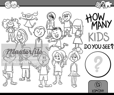 Black and White Cartoon Illustration of Educational Counting or Calculating Task for Children with Kid Characters Crowd Coloring Book