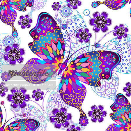 Seamless pattern with vintage gradient colorful butterflies and flowers, vector