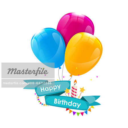 Happy Birthday Card Template with Balloons, Ribbon and Candle Vector Illustration EPS10