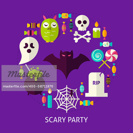 Scary Halloween Party Flat Concept. Poster Design Vector Illustration. Set of Trick or Treat Objects.