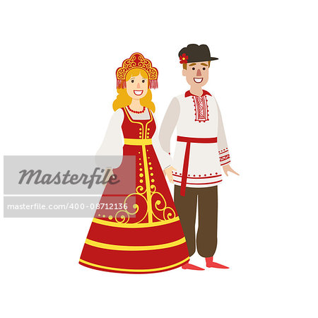 Couple In Russian National Clothes Simple Design Illustration In Cute Fun Cartoon Style Isolated On White Background