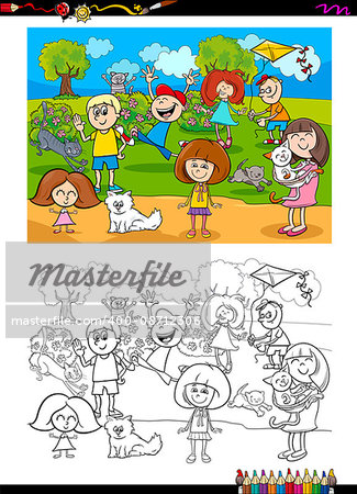 Cartoon Illustration of Kids with Cats Coloring Book Activity