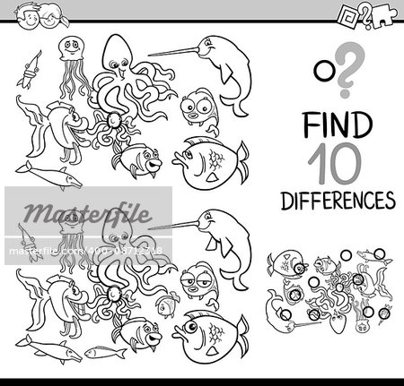 Black and White Cartoon Illustration of Finding Differences Educational Activity Task for Children with Sea Life Animal Characters Coloring Book