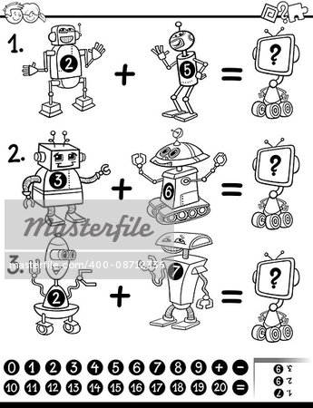 Black and White Cartoon Illustration of Educational Mathematical Activity Game for Children with Robots Coloring Book